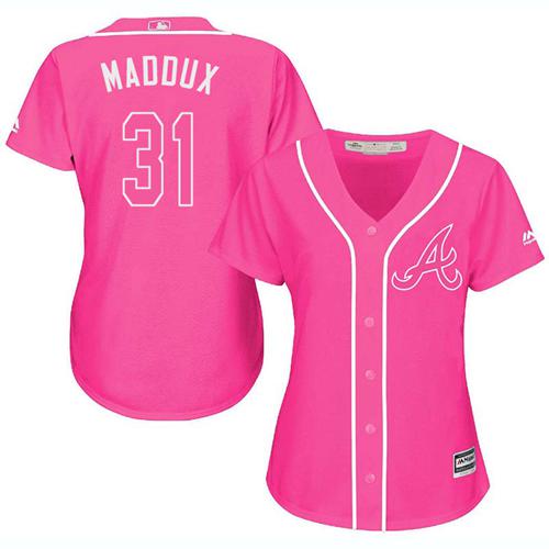 Braves #31 Greg Maddux Pink Fashion Women's Stitched MLB Jersey - Click Image to Close